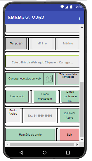 Tela de carregamento de contatos e envio avulso do SMSMass