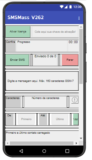 Tela principal do SMSMass, com os campos de licença, envio e contatos